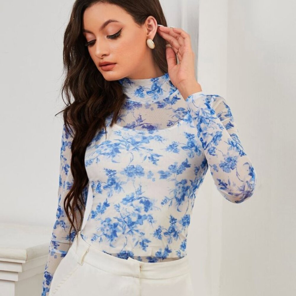 💚 Sheer Mesh Floral Blue and White Women's Mock Neck Turtleneck Top XL